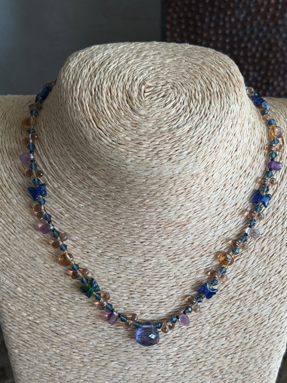 Amethyst briolettes citrine knotted  Swarovski crystal glass butterfly necklace